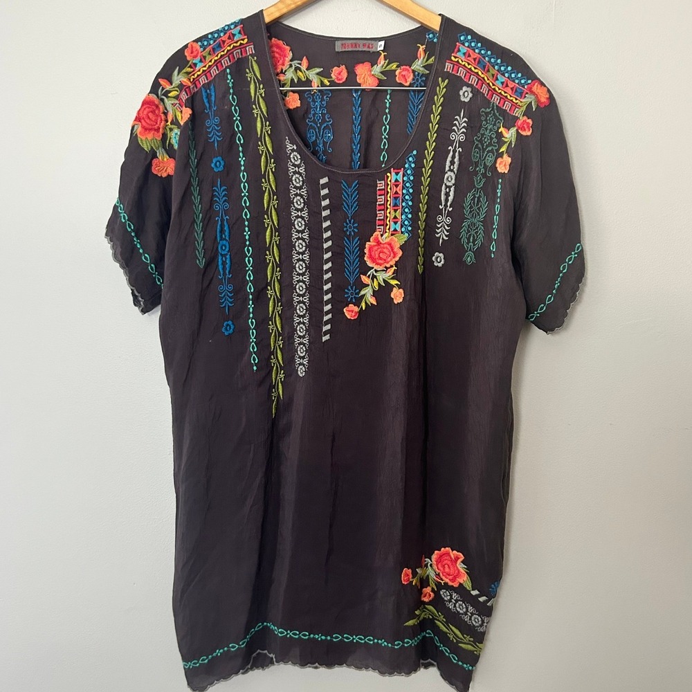 Johnny Was Tunic Women S Brown Floral Embroidered Cupra Rayon Boho Short Sleeve